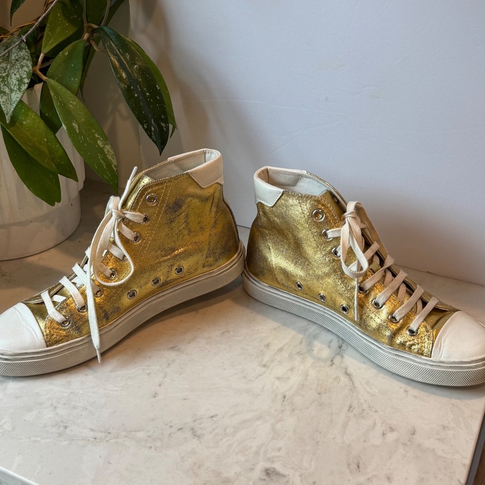 Distressed Calfskin Bedford Logo-Appliqued Hightop Sneakers 6.5 Gold Cream White - Picture 7 of 14
